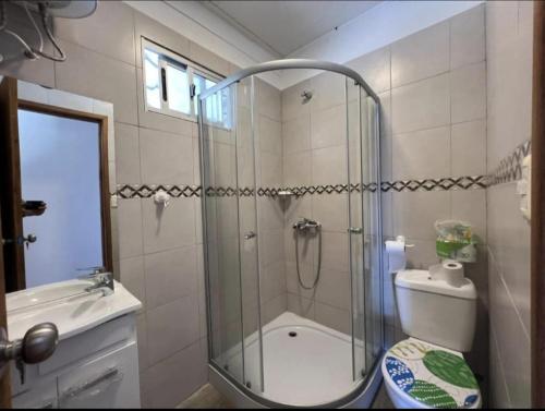 a bathroom with a shower and a toilet and a sink at casa grande 7 personas Piriápolis in Bella Vista