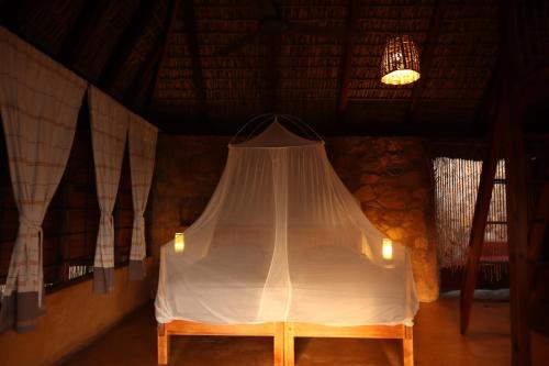 a bedroom with a bed with a mosquito net at LA LOMA LINDA, Bungalows, Yoga and Feldenkrais, STARLINK INTERNET in Zipolite