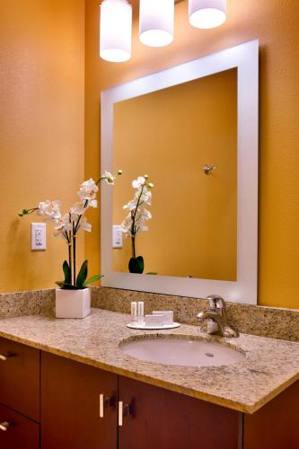 a bathroom with a sink and a large mirror at TownePlace Suites by Marriott Missoula in Missoula