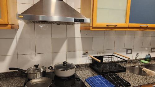 a kitchen with a stove with a pot on the counter at Tigre Centro Cochera Gratis in Tigre