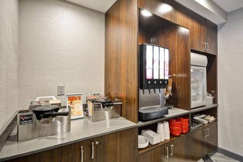 a kitchen with a counter with aasteryasteryasteryasteryasteryasteryasteryasteryastery at TownePlace Suites by Marriott Dover Rockaway in Dover