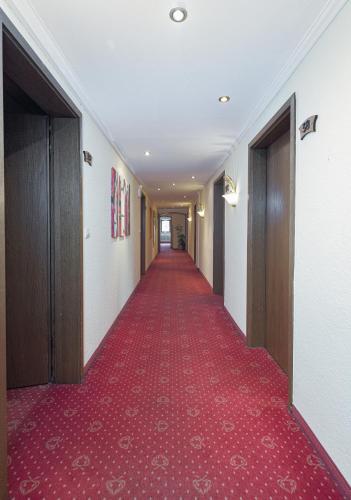 a corridor with a red carpet in a hallway at Hotel Restaurant Freihof in Oberharmersbach
