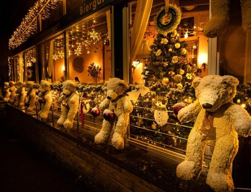 a group of teddy bears in a window with a christmas tree at Hotel Restaurant Freihof in Oberharmersbach