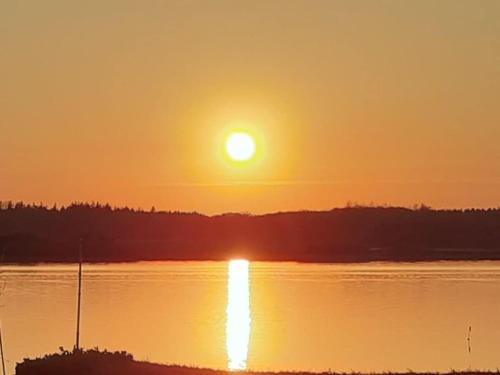 a sunset over a body of water with the sun setting at Holidayapartment4withstudioSchleiblick in Maasholm