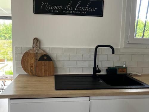 - un comptoir de cuisine avec un évier et une planche de coupe dans l'établissement Maison moderne près du lac avec jardin et véranda à Sanguinet, pour 10 personnes - FR-1-319-584, à Sanguinet