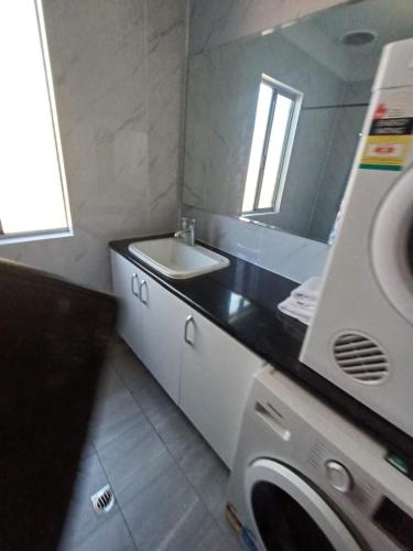 a bathroom with a sink and a washing machine at Nice 2 bedroom apartment in Kelmscott