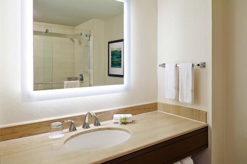 a bathroom with a sink and a mirror at The Westin Waltham Boston in Waltham