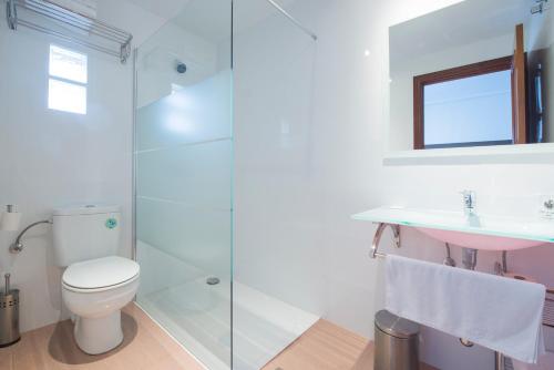 a bathroom with a toilet and a sink and a shower at Hostal Sol in Toledo