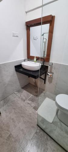a bathroom with a sink and a toilet at Tailors Cottage in Hatton