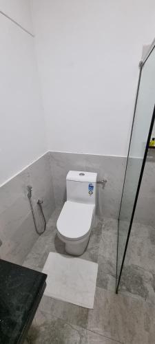 a bathroom with a white toilet in a room at Tailors Cottage in Hatton
