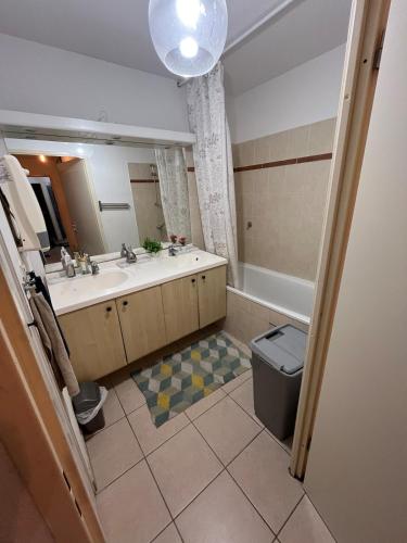 une salle de bain avec un lavabo, des toilettes et un miroir dans l'établissement Appartement spacieux avec piscine, à Marseille