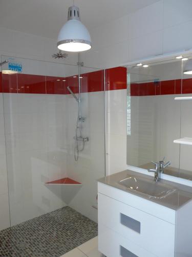 une salle de bain avec un lavabo et une douche dans l'établissement Maison Lotoise - Rocamadour - Padirac and Sarlat, à Saint-Sozy