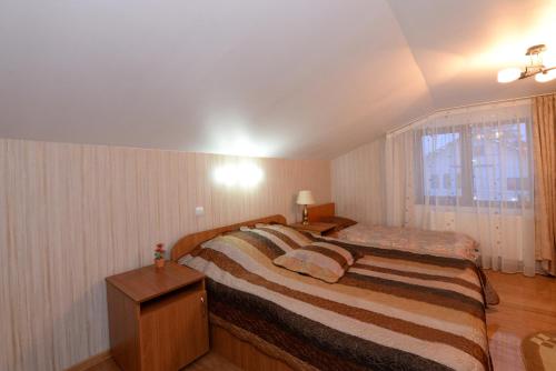 Un dormitorio con una cama grande y una ventana en Pensiunea Dana, en Vatra Dornei