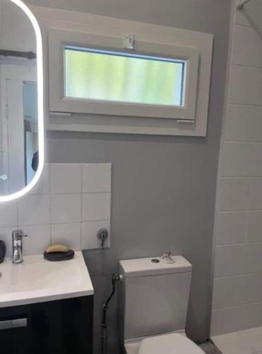 une salle de bain avec toilettes, lavabo et fenêtre dans l'établissement Petite Maison de Charme, à Auriol