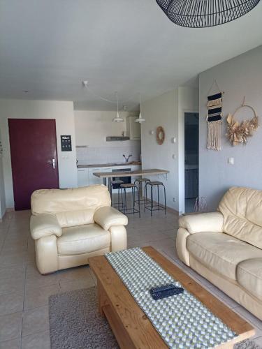 un salon avec deux canapés et une table dans l'établissement Appartement Centre Ville , Saint Sever, à Saint-Sever