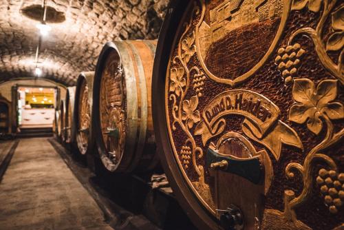 a row of wine barrels in a wine cellar at Weingut Gästehaus D&D Haider in Jois