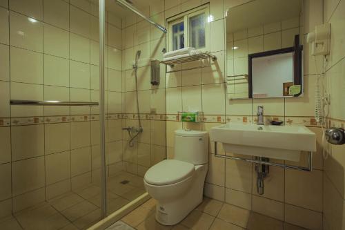 a bathroom with a toilet and a sink and a shower at Yesday B&B in Dongshan