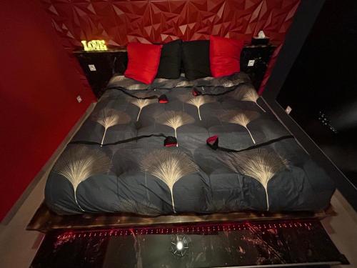 Elle comprend un grand lit avec des oreillers rouges. dans l'établissement Love Room La Tour, à Montmeyan