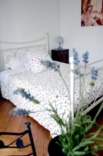 a bedroom with a bed and a potted plant at Château De Matel in Roanne