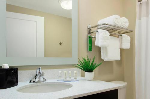 a bathroom with a sink and a mirror and towels at TownePlace Suites by Marriott Dallas McKinney in McKinney