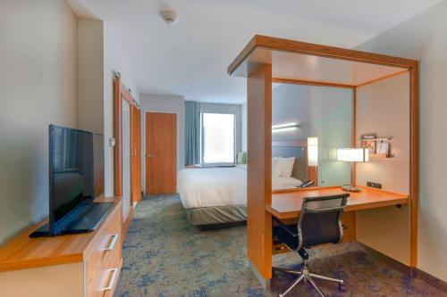 a hotel room with a bed and a desk with a television at SpringHill Suites by Marriott Wilmington Wrightsville Beach in Wilmington