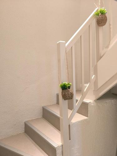 two plants in baskets on a white staircase at Le P'Tivoli - Maison centre historique in Clisson