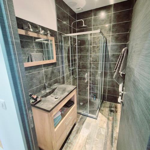 une salle de bain avec douche et lavabo dans l'établissement Maison mitoyenne et independante, à Aubais