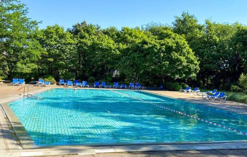 Una gran piscina con sillas azules y árboles. en Am Südwesthorizont App 185, en Timmendorfer Strand