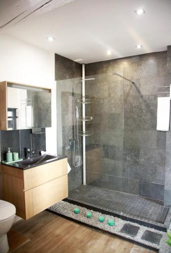 une salle de bain avec douche et lavabo dans l'établissement Charmante maison Provençale, à Antibes