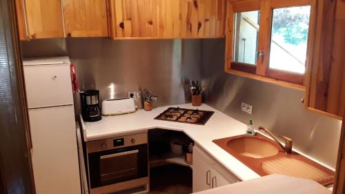 une petite cuisine avec un évier et un comptoir dans l'établissement Joli chalet dans la forêt, à Formiguères