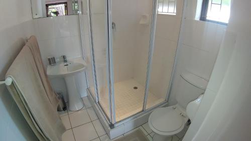 a bathroom with a shower and a toilet and a sink at The Milkwood Beach House in Zinkwazi Beach