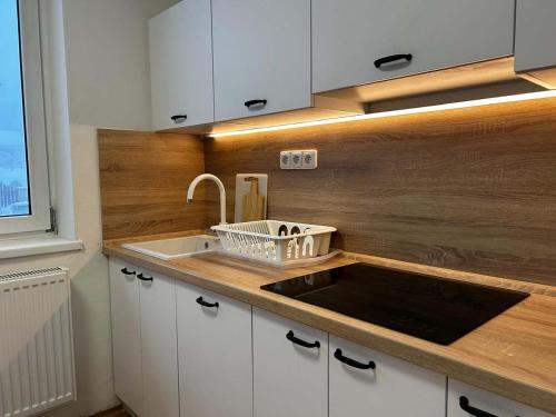 a kitchen with white cabinets and a sink and a window at Nachtigal's Ore Mountains Residence in Kovářská