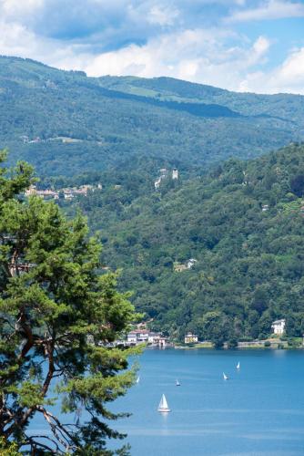 a view of a lake with boats in the water at Villa Ferrari, Le Betulle in San Maurizio dʼOpaglio