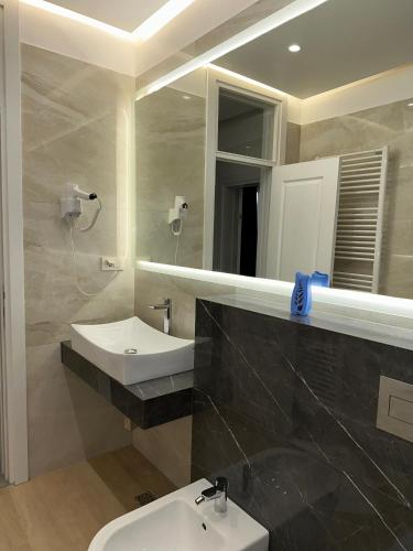 a bathroom with a sink and a mirror at Villa Luca Free Parking in Sarajevo