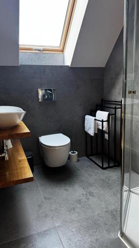 a bathroom with a sink and a toilet and a window at Domki na Stronie C in Stronie Śląskie