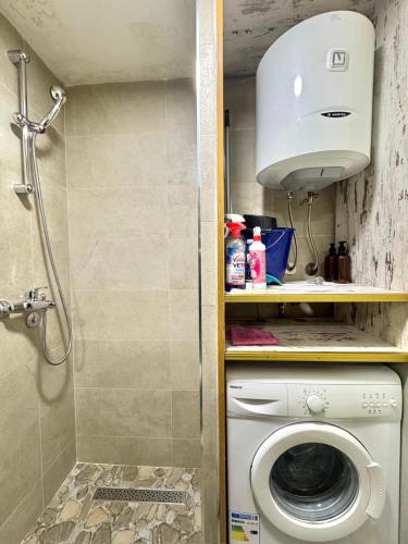 a bathroom with a washing machine and a shower at Sea view Studio Terminal in Budva