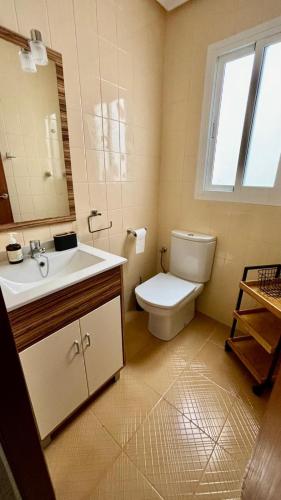 a bathroom with a toilet and a sink and a window at Apartament Playa La Mata in La Mata