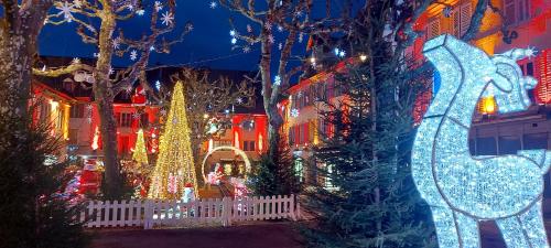 モンベリアルにあるAppart' DuChatelain lumineux, vue sur châteauの家の前に並ぶクリスマスツリーとライト
