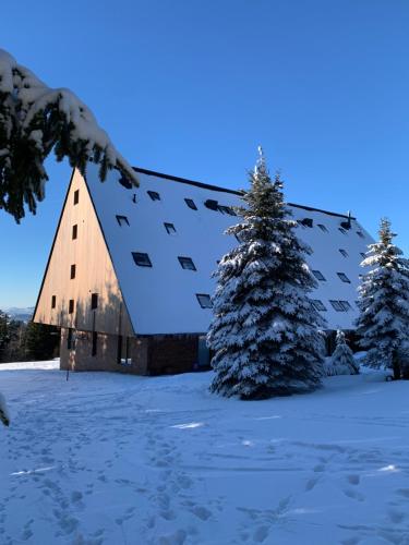a barn covered in snow with trees in the foreground at Apartmán Žalý in Benecko