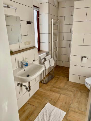a bathroom with a sink and a toilet at Kornkäfer Kleinmockritz in Döbeln