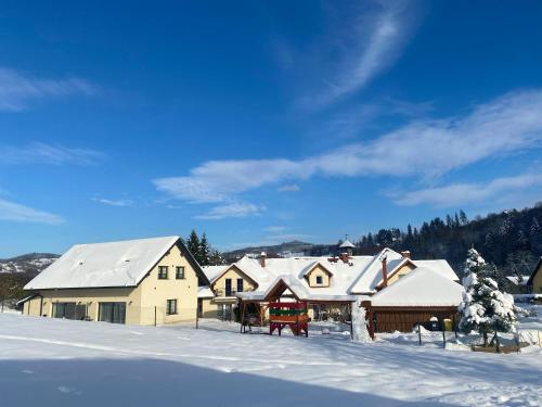 a house in the snow with snow covered roofs at Willa i domki Victoria in Wisła