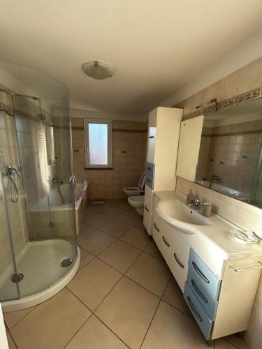 a bathroom with a shower and a sink and a toilet at Le camelie 2 di Francesca in Polverara