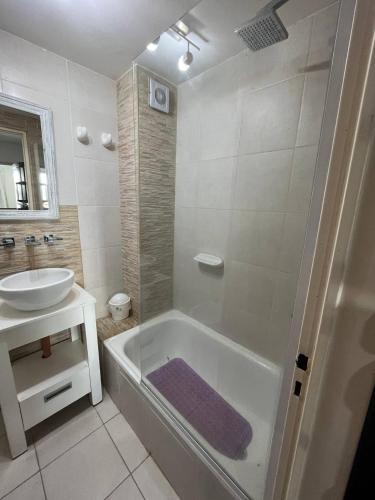 a bathroom with a tub and a sink and a shower at Colibri MDQ in Mar del Plata