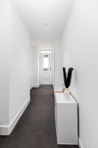 a hallway with white walls and a white cabinet with a plant on it at Deluxe studio Apartments - City Airport & Excel Ideal for Long stay in London