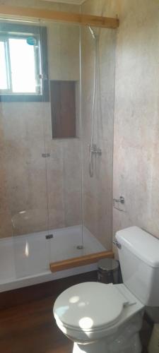a bathroom with a shower and a toilet and a tub at Casita Ancestral in Puerto Aisén