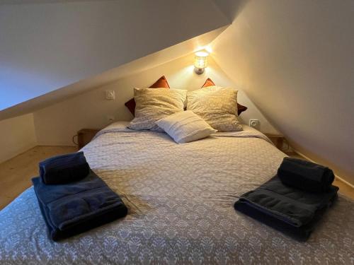 a bed with two pillows on it in a room at Le Cocon in Le Breuil-en-Auge