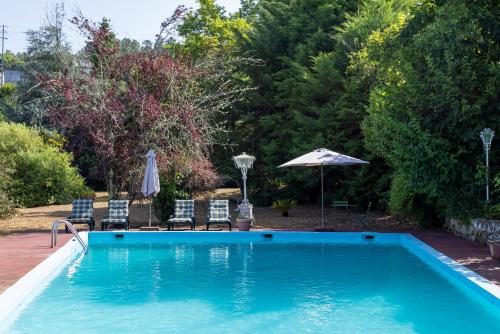 a swimming pool with chairs and an umbrella at Quinta da Comenda in São Pedro do Sul
