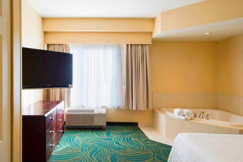 a hotel room with a bed and a tub and a television at SpringHill Suites by Marriott Omaha East, Council Bluffs, IA in Council Bluffs