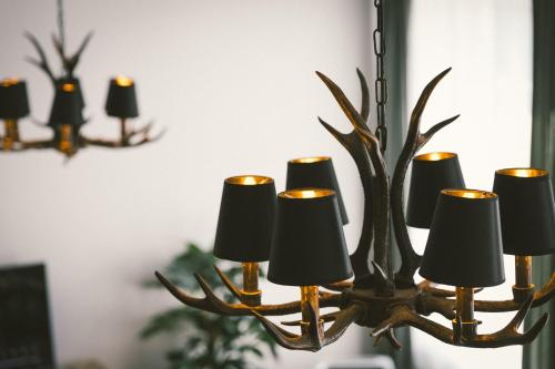 a chandelier with black candles on a wall at "Hunter's Suite"- at the heart of Hartberg I Parking in Hartberg
