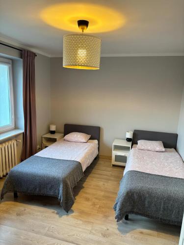 a bedroom with two beds and a chandelier at Agroturystyka pod lasem in Brzeźnica